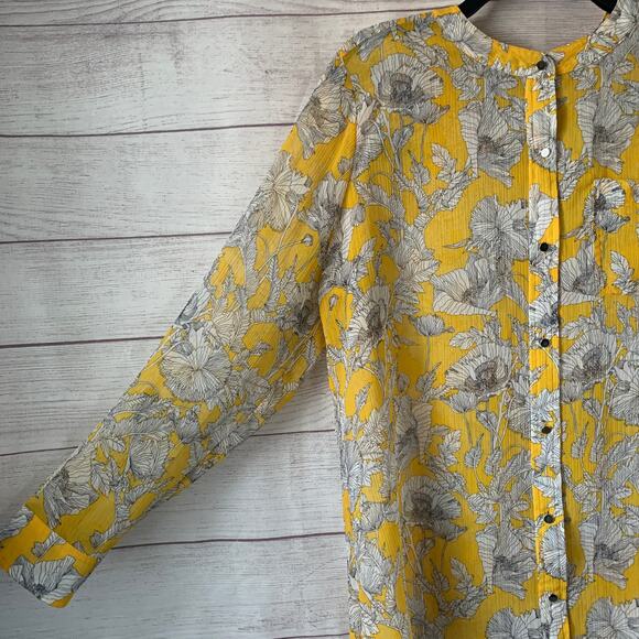 Liz Claiborne Yellow Sketch Floral Blouse Sheer Long Roll Tab Sleeves Size L - Picture 13 of 16